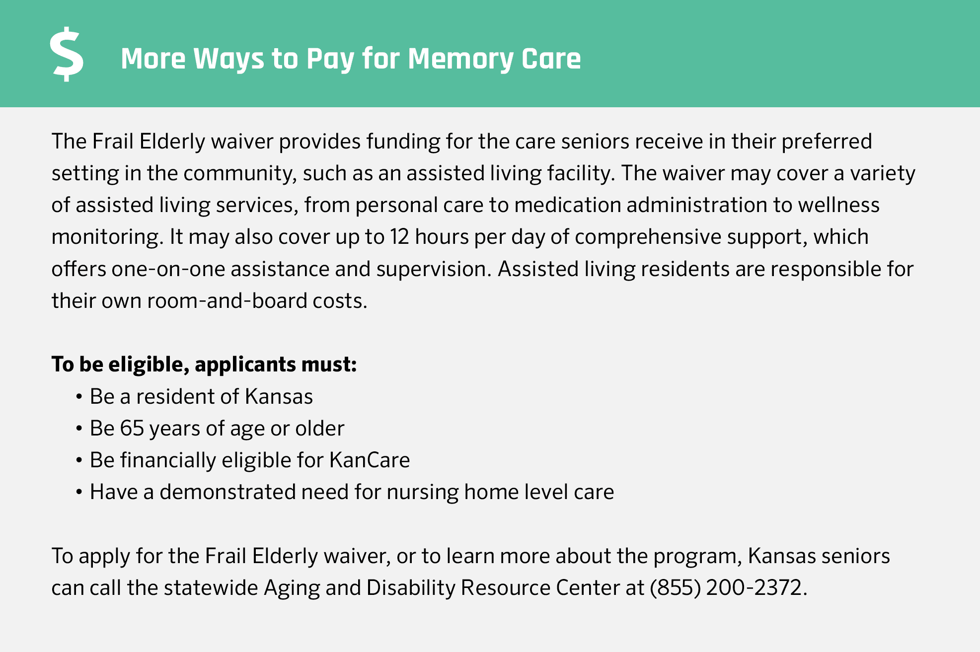 More ways o pay for memory care in Kansas