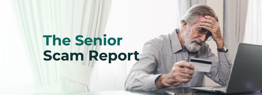 A senior white man with a greying ponytail looks down at his laptop in frustration, a credit card in his hand.