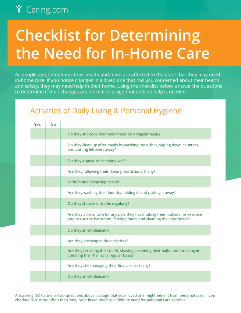 Checklist for determining the need for in-home care