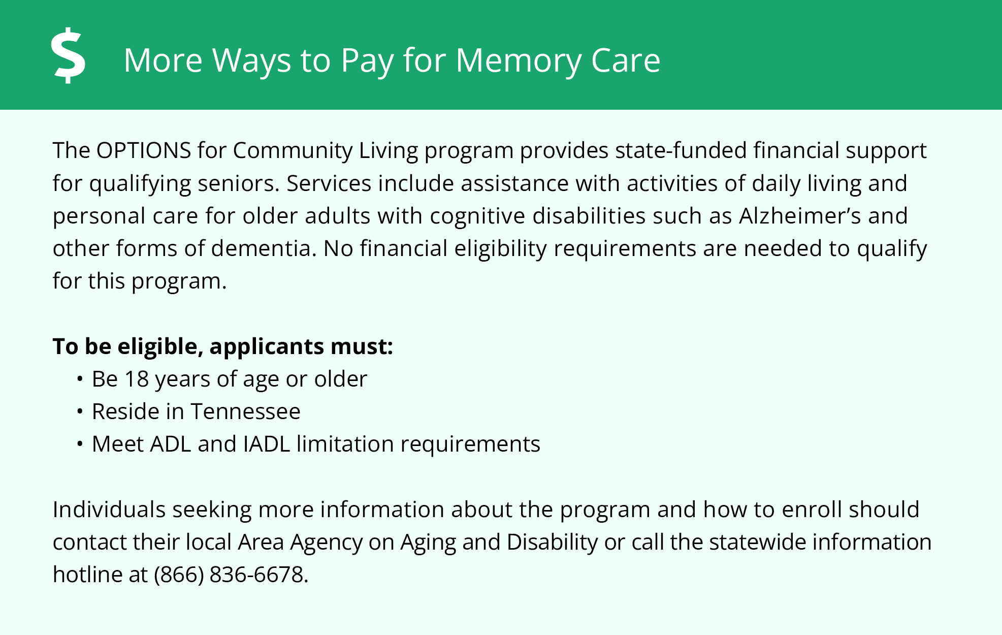 More ways to pay for memory care in TN