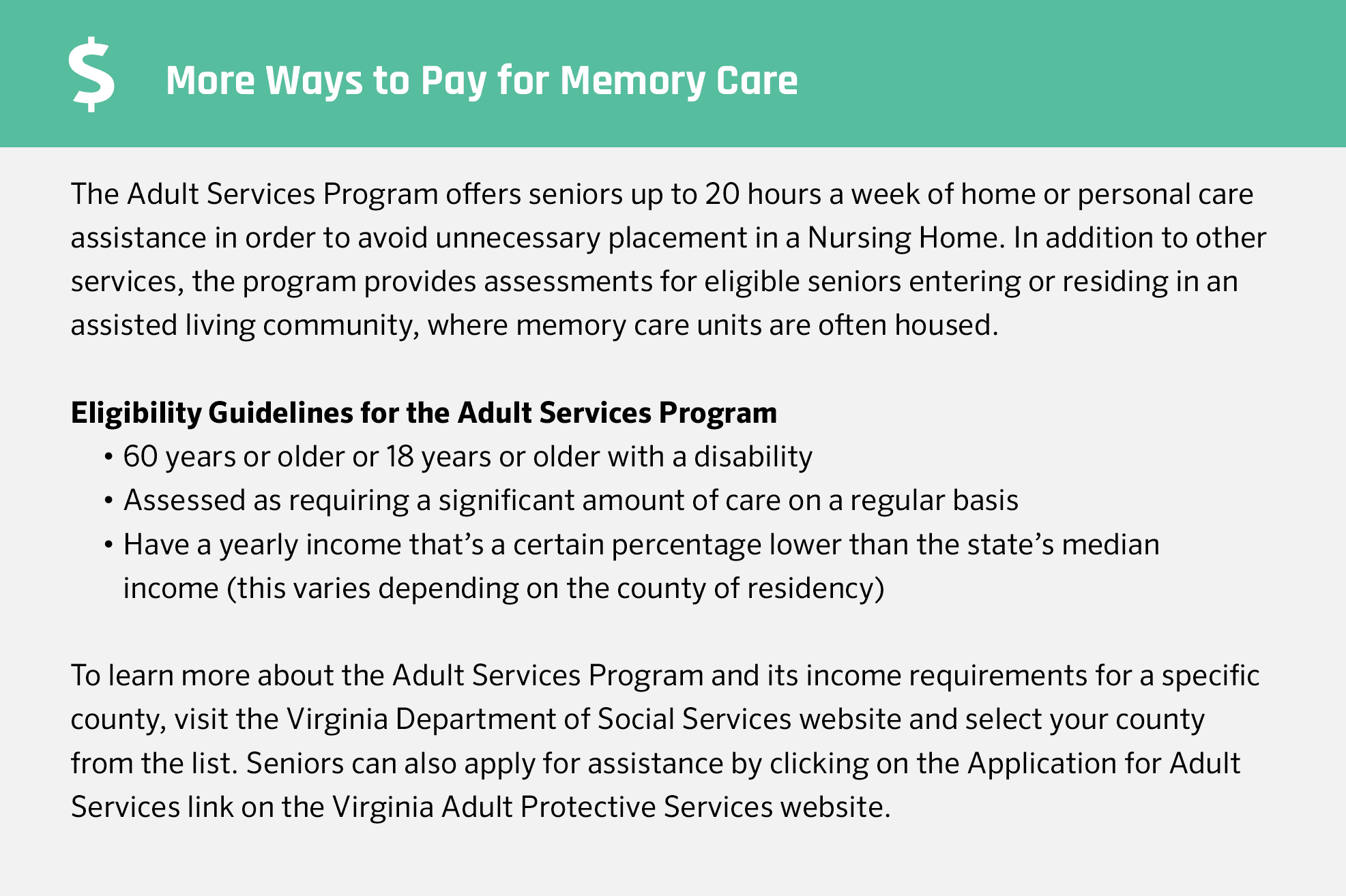 More ways to pay for memory care in Virginia