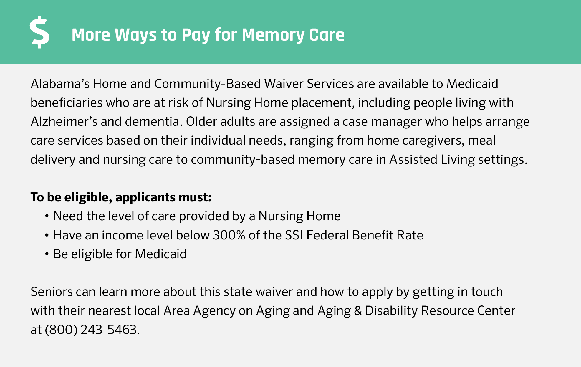 More ways to pay for memory care in Alabama
