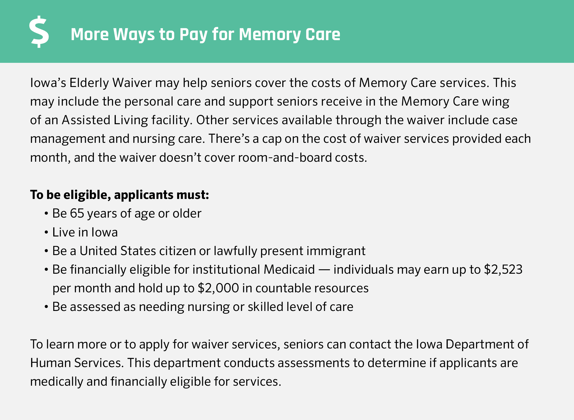 More ways to pay for memory care in Iowa